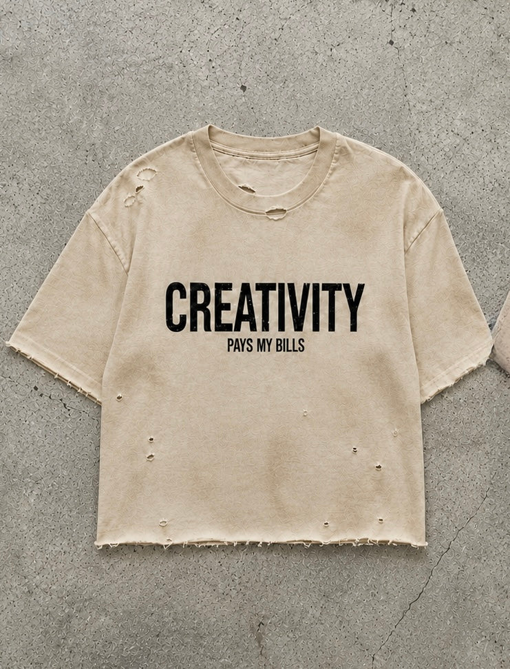 distressed Creativity Pays My Bills Tee — Coffee dye & distressed