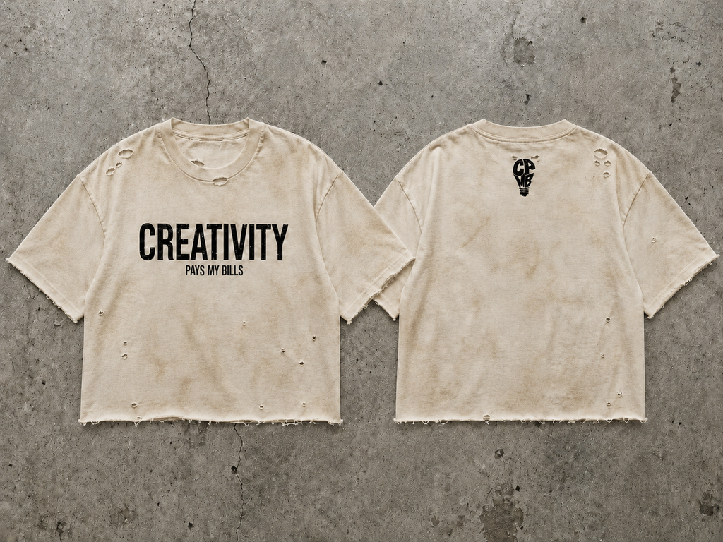 distressed Creativity Pays My Bills Tee — Coffee dye & distressed
