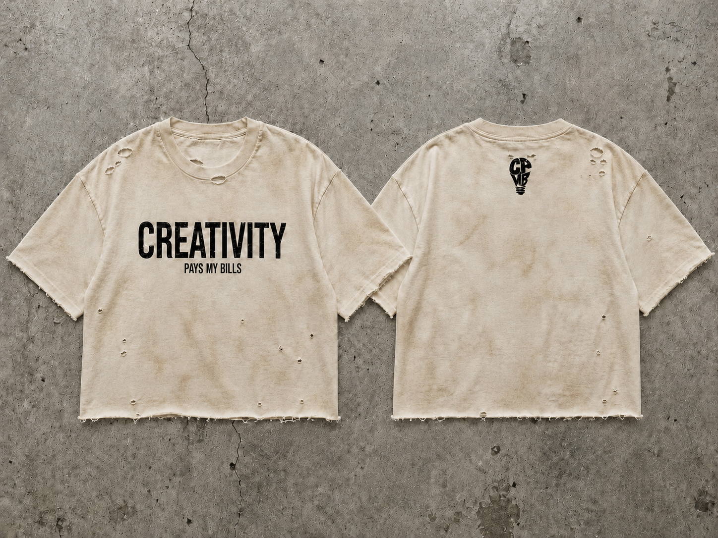 distressed Creativity Pays My Bills Tee — Coffee dye & distressed